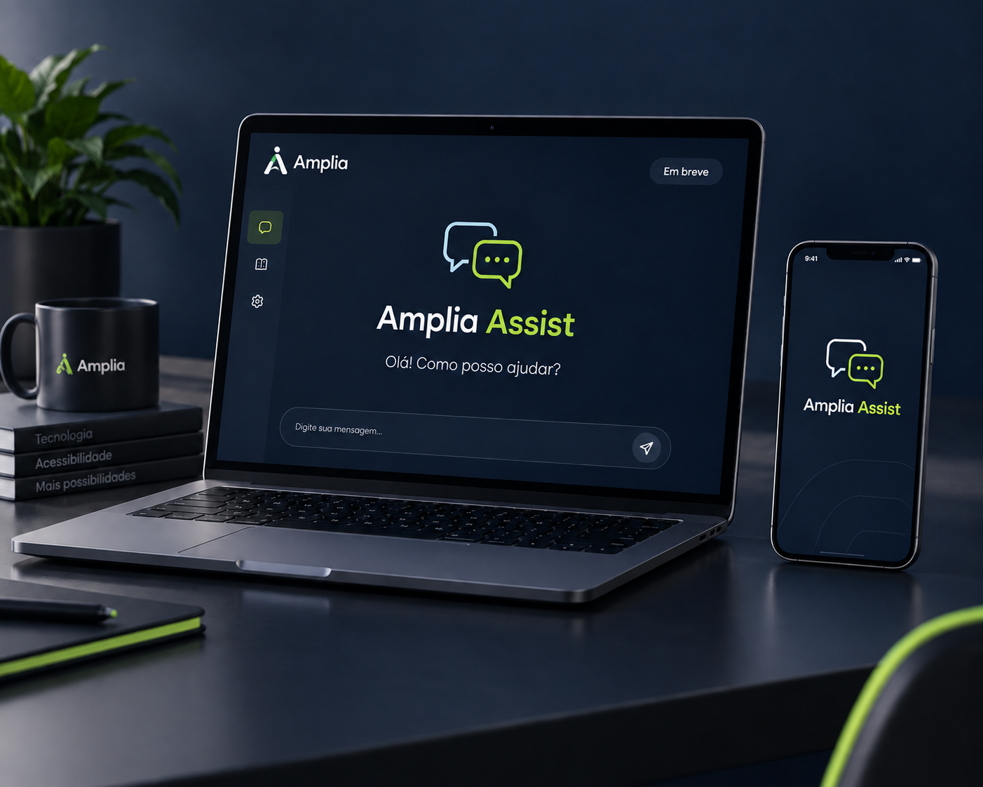 Ilustração conceitual do Amplia Assist em um notebook e um celular, com interface de conversa e indicação de lançamento em breve.