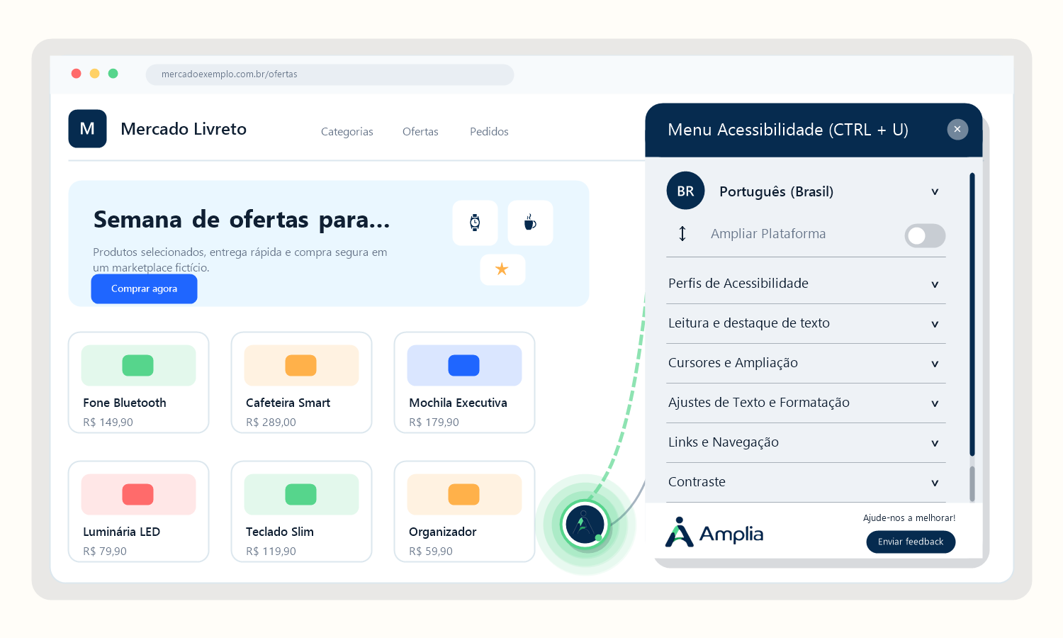 Marketplace fictício com a plataforma Amplia aberta a partir do ícone de acessibilidade